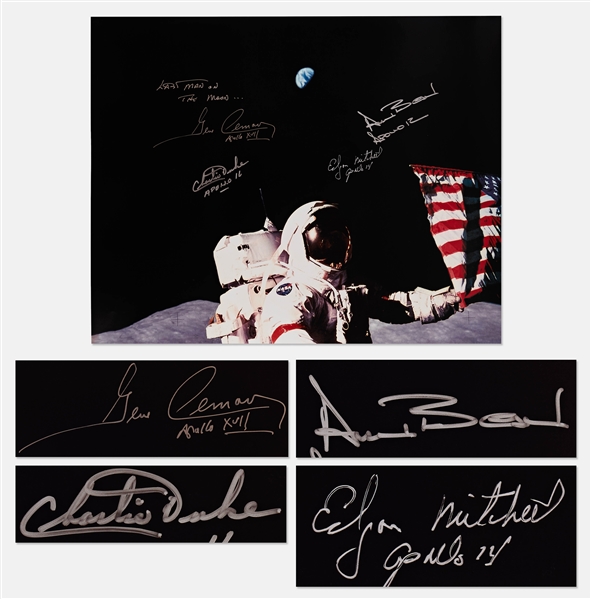 Large 20 x 16 Photograph of Gene Cernan as the Last Man on the Moon -- Signed by Moonwalkers Gene Cernan, Charlie Duke, Edgar Mitchell & Alan Bean -- With JSA COA