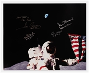 Large 20'' x 16'' Photograph of Gene Cernan as the Last Man on the Moon -- Signed by Moonwalkers Gene Cernan, Charlie Duke, Edgar Mitchell & Alan Bean -- With JSA COA