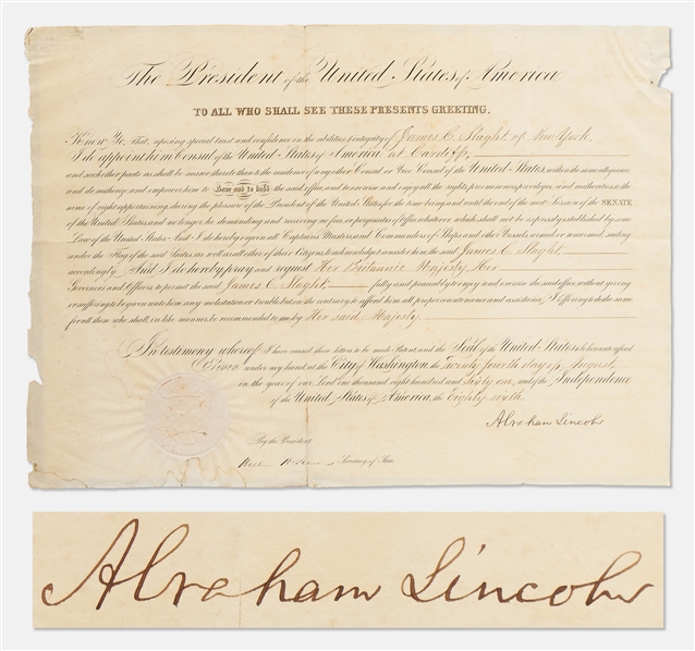 Abraham Lincoln Signed Civil War Consul Appointment to the United Kingdom -- With Exceptionally Bold and Prominent Signature by Lincoln