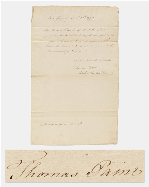 Thomas Paine Autograph Manuscript Signed as Clerk of the Pennsylvania Assembly in 1779 -- Paine Sends a Resolution to the Governor That Extends the Mason-Dixon Line Approximately 350 Miles West