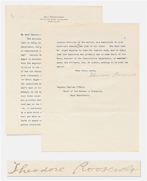 Exceptional Theodore Roosevelt Letter Signed Regarding the Explosion of the U.S.S. Maine Which Precipitated the Spanish-American War -- ...He believes that the explosion was not accidental...
