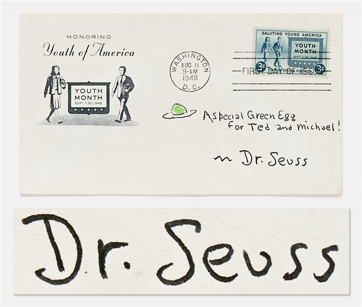 Dr. Seuss Hand-Drawn and Signed Sketch of a Green Egg from His Beloved Book Green Eggs and Ham
