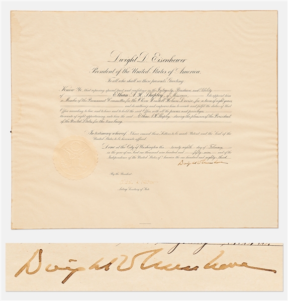 Dwight Eisenhower Document Signed as President -- Eisenhower Appoints a Member to the U.S. Permanent Committee for the Oliver Wendell Holmes Devise, Established in 1955 to Document the Supreme Court