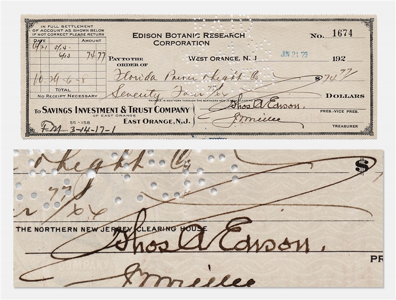 Thomas Edison Signed Check from 1923, Drawn on the Edison Botanic Research Corporation