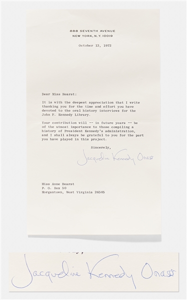 Jacqueline Kennedy Onassis Letter Signed -- ...to those compiling a history of President Kennedys administration...