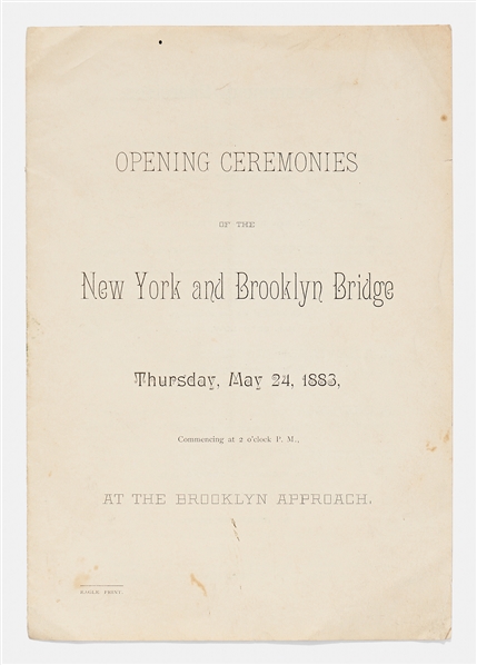 Brooklyn Bridge Opening Ceremonies Program from 1883