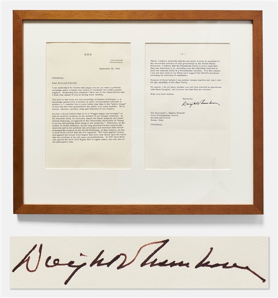 Dwight Eisenhower Letter Signed Defending Barry Goldwater -- ...I do not believe he is a trigger-happy war-monger... -- Eisenhower Also Tries to Explain Goldwaters Vote Against Civil Rights