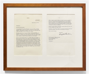 Dwight Eisenhower Letter Signed Defending Barry Goldwater -- ''...I do not believe he is a 'trigger-happy war-monger'...'' -- Eisenhower Also Tries to Explain Goldwater's Vote Against Civil Rights