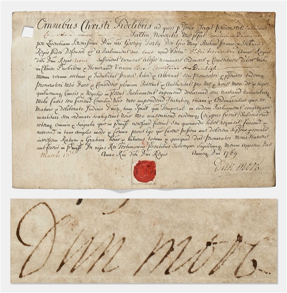 Lord Dunmore Document Signed from 1769 Shortly Before His Royal Appointment as Governor of New York