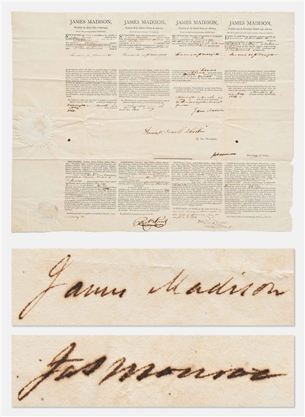 James Madison Signed Four-Language Ships Papers During the War of 1812 -- Countersigned by James Monroe as Secretary of State