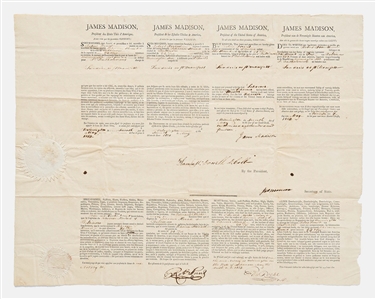 James Madison Signed Four-Language Ship's Papers During the War of 1812 -- Countersigned by James Monroe as Secretary of State