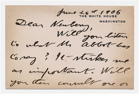 Theodore Roosevelt Autograph Note Signed on White House Card