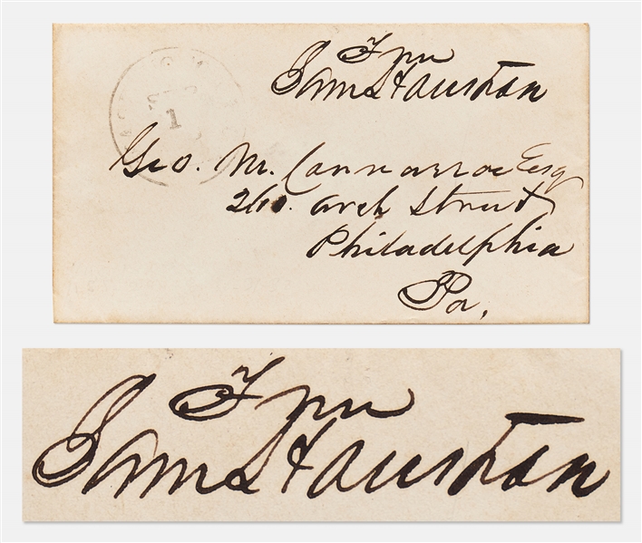 Sam Houston Free-Franked Mailing Envelope -- Exceptionally Bold Signature