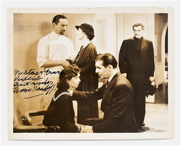 Boris Karloff Signed 10'' x 8'' Movie Still from ''The Invisible Ray'' -- Photo Features Karloff as Dr. Janos Rukh Staring at Bela Lugosi as Dr. Felix Benet