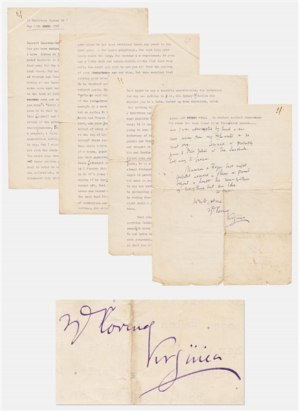 Virginia Woolf Letter Signed from May 1929 With Autograph Note at Conclusion -- Woolf Criticizes Her Own Work: ...I have thrown on to the floor the last page of my most hated book...