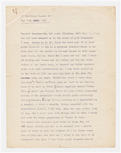 Virginia Woolf Letter Signed from May 1929 With Autograph Note at Conclusion -- Woolf Criticizes Her Own Work: ''...I have thrown on to the floor the last page of my most hated book...''