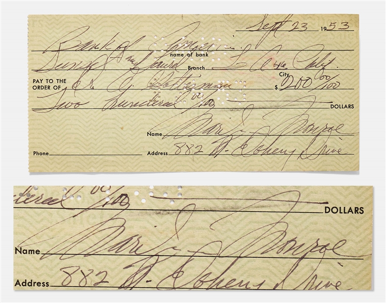 Marilyn Monroe Holograph Check Signed to Her Psychoanalyst in September 1953, the Year She Transformed Into Marilyn, the Movie Star