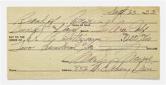 Marilyn Monroe Holograph Check Signed to Her Psychoanalyst in September 1953, the Year She Transformed Into Marilyn, the Movie Star
