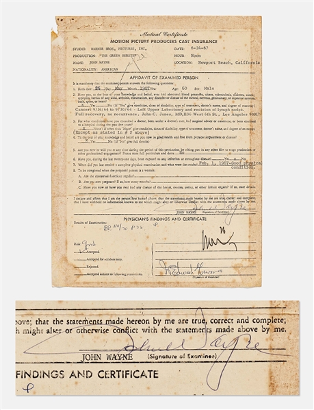 John Wayne Signed Medical Document from 1967 to Physically Insure Him for Filming The Green Berets -- With PSA COA, Signature Graded 8