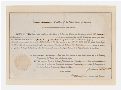James Monroe Document Signed as President -- Monroe Appoints John McIntosh of Georgia as Customs Collector in 1820