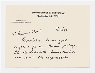 Ruth Bader Ginsburg Autograph Note Signed as Justice, Mentioning the Jewish Holiday Purim -- ''...Thanks for reminding me to leave briefs and papers long enough to celebrate the holiday...''
