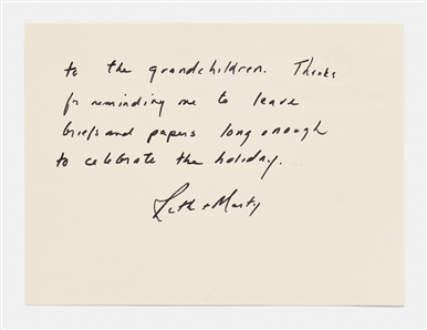 Ruth Bader Ginsburg Autograph Note Signed as Justice, Mentioning the Jewish Holiday Purim -- ''...Thanks for reminding me to leave briefs and papers long enough to celebrate the holiday...''
