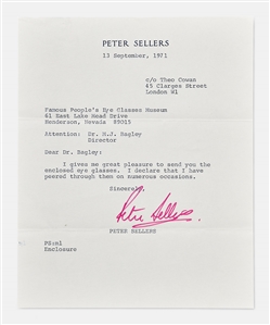 Peter Sellers Letter Signed from 1971 Regarding His Eyeglasses