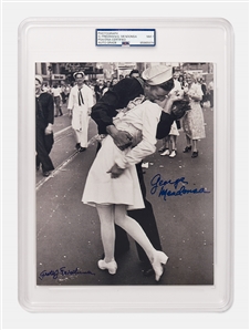 8 x 10 Photo of the Iconic Times Square Kiss to Celebrate the End of World War II, Signed by the Couple Greta Friedman & George Mendonsa -- PSA Encapsulated