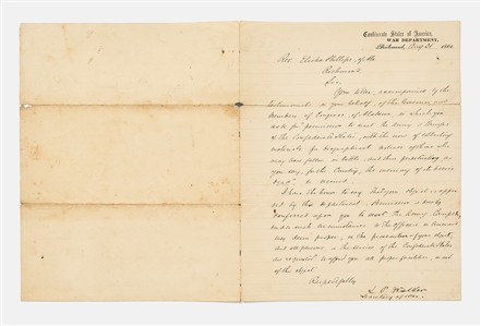 LeRoy Pope Walker Letter Signed as Confederate Secretary of War -- Walker Served as CSA War Secretary for Only Five Months