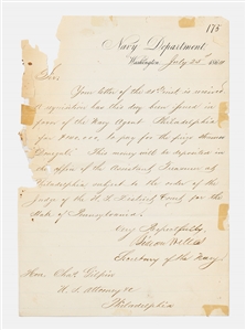 Gideon Welles Letter Signed as Secretary of the Navy During the Civil War -- Welles Approves the Requisition of the Captured Confederate Steamer Donegal