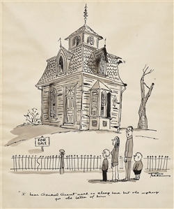 Large 13.25 x 17 Charles Addams Signed Artwork of an Old, Spooky House Resembling the Addams Family Mansion