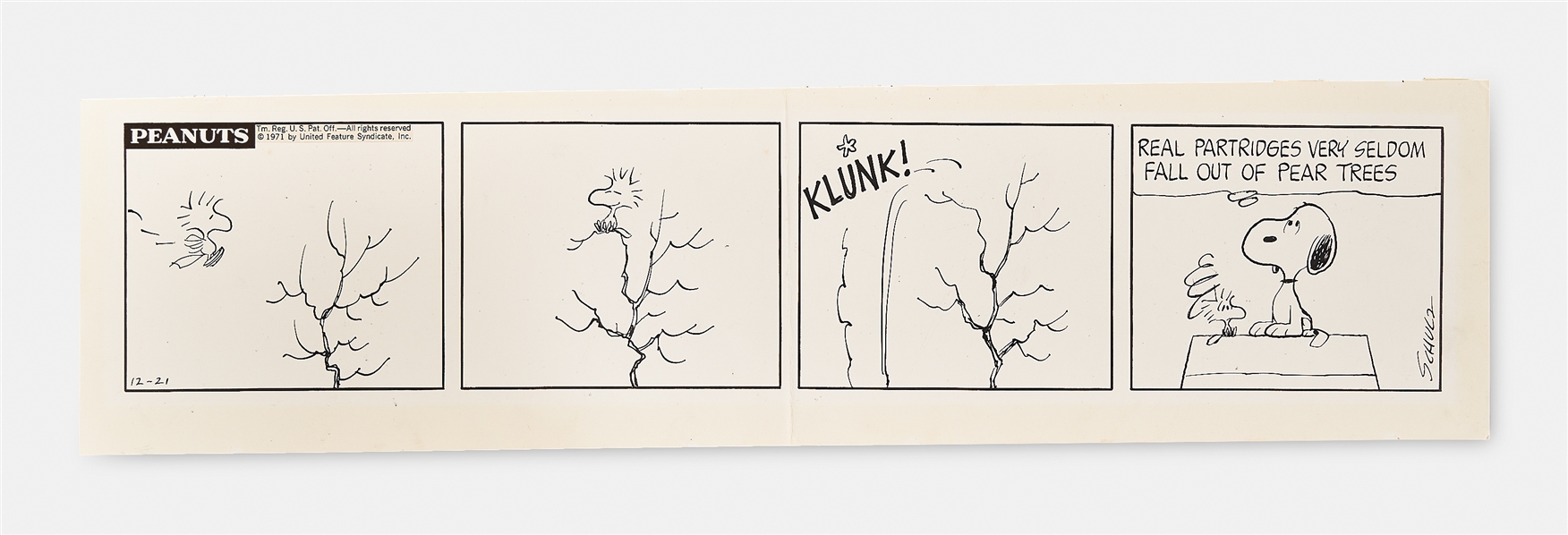 Charles Schulz Original Hand-Drawn Christmas-Themed ‘‘Peanuts‘‘ Comic Strip Featuring Snoopy & Woodstock
