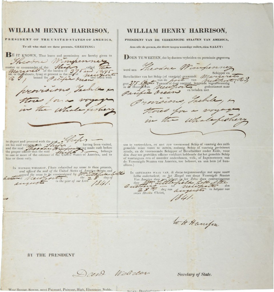 William H Harrison 4 language ships passport signed